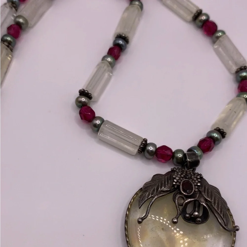 Moonstone and Garnet Sterling Unique Vintage Artisan Made Pendant